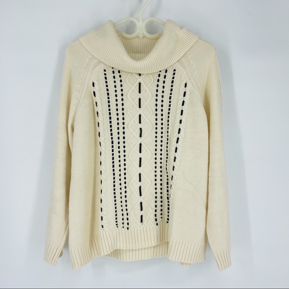 Talbots Cowl Neck Cable Knit Sweater Off-White Black Velvet Detail XL Petite